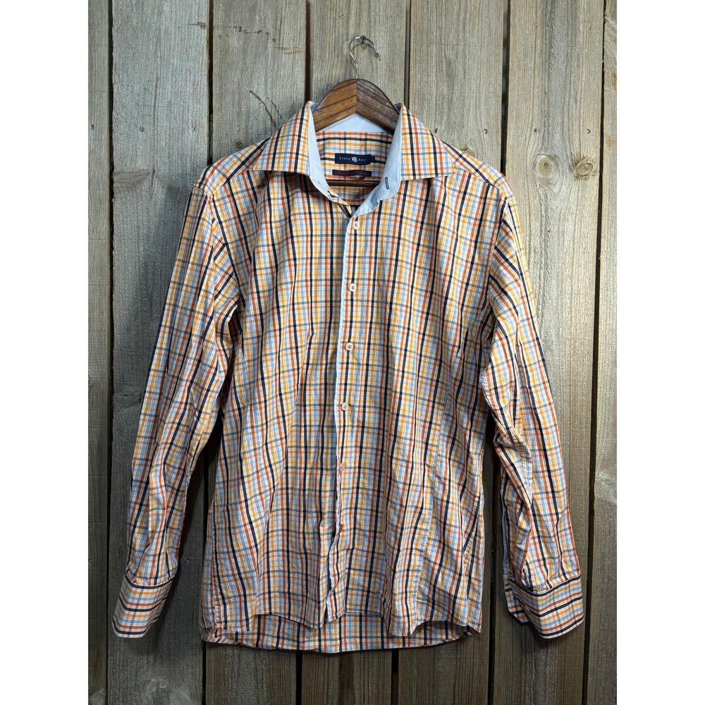 Stone Rose Red Rivet Collection Mens Plaid Button Down Shirt Orange Blue Size 3